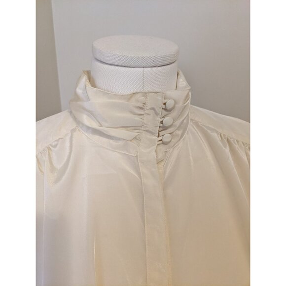 Vintage 80s Cream Satin High Neck Blouse Secretary Top Button Up Retro Sz 14 - Picture 4 of 10